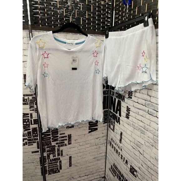 Emerson Road XL Pajamas White Textured Embroidery Star Short Sleeve Top & Shorts - Picture 1 of 5
